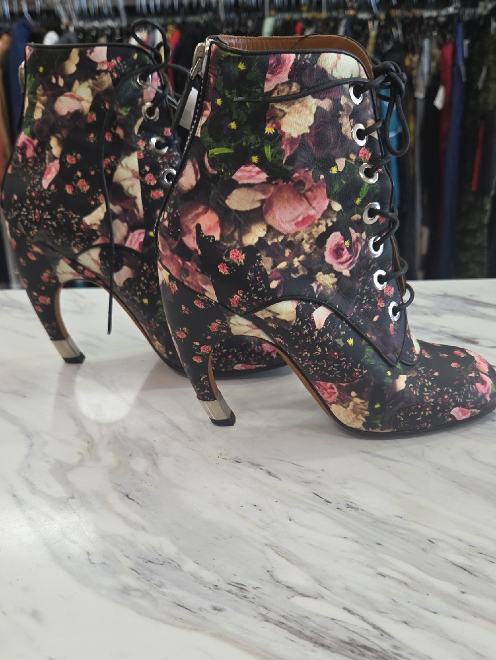 Floral Lace-Up Ankle Boots - Black/Pink